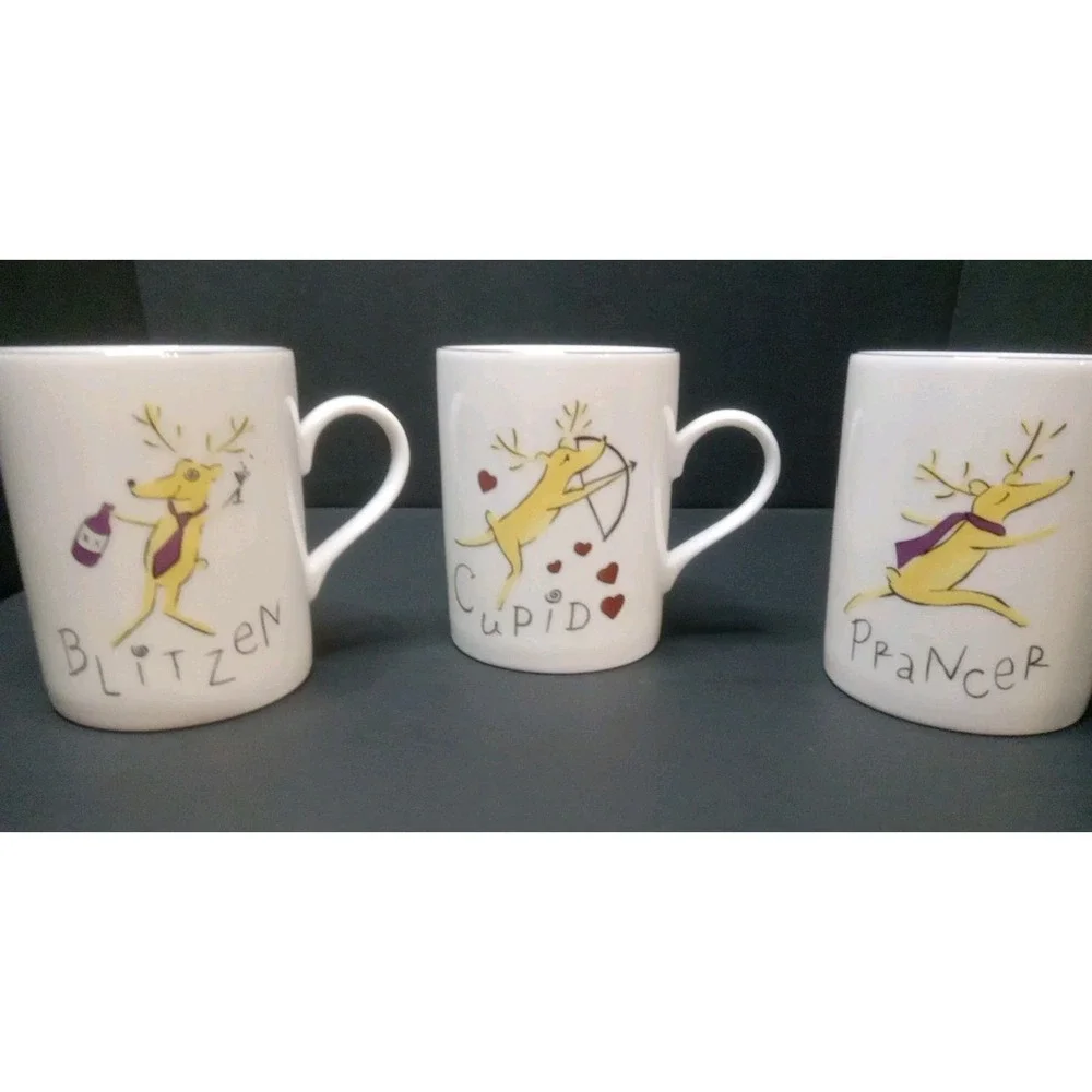 Pottery Barn Reindeer Mugs 12 Oz Silver Trim Lot Of 3 Blitzen Prancer Cupid